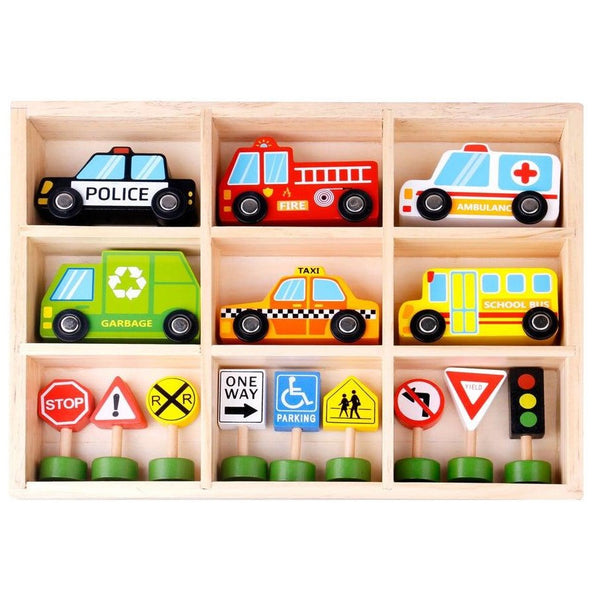 TOOKY TOY TRANSPORTATION VEHICLES AND STREET SIGN SET 16PC