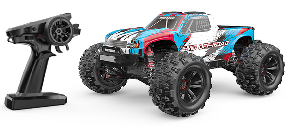 MJX-16208 HYPER GO 4WD OFF-ROAD BRUSHLESS 2S 1/16 SCALE RC MONSTER TRUCK IN BLUE RED AND WHITE
