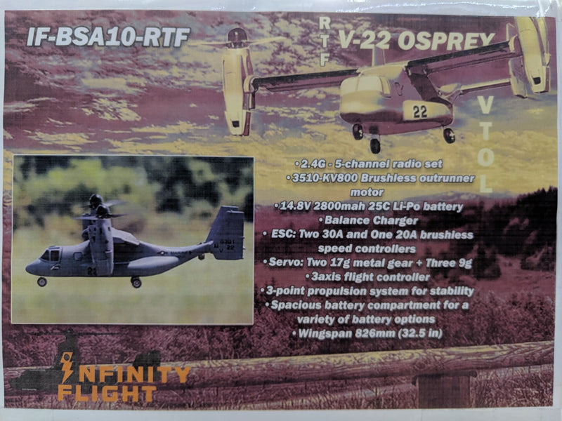 INFINITY FLIGHT BSA10-RTF V22 OSPREY VTOL DUEL ENGINE TILT ROTOR RTF MILITARY USMC 20A/30A ESC