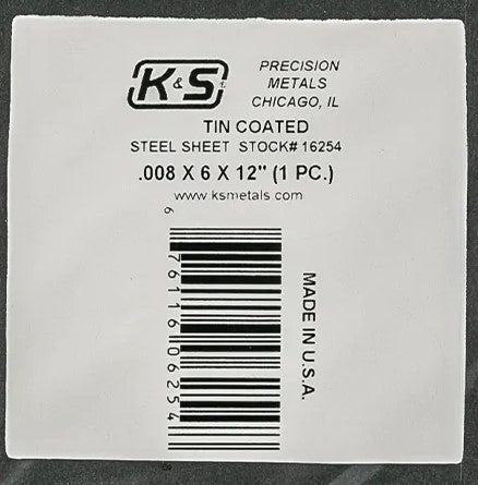 K&S 16254 TIN COATED STEEL SHEET .008 X 6 X 12 ( 1 PIECE )