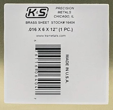 K&S 16404 BRASS SHEET .016 X 6 X 12 ( 1 PIECE )