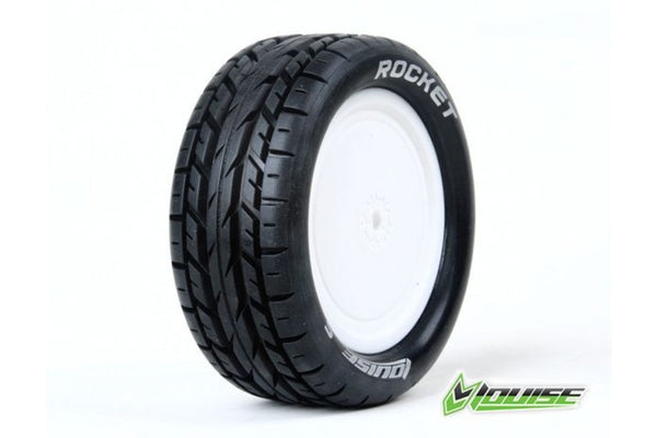 LOUISE L-T3186SWKF E-ROCKET 1/10 SCALE BUGGY FRONT TYRE MOUNTED ON WHITE RIMS SOFT COMPOUND KYOSHO HEX 12MM
