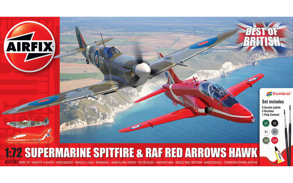 AIRFIX A50187 BEST OF BRITISH  SUPERMARINE SPITFIRE AND RAF RED ARROW HAWK PLANES INCLUDES GLUE BRUSHES AND PAINTS 1/72 SCALE PLASTIC MODEL KIT