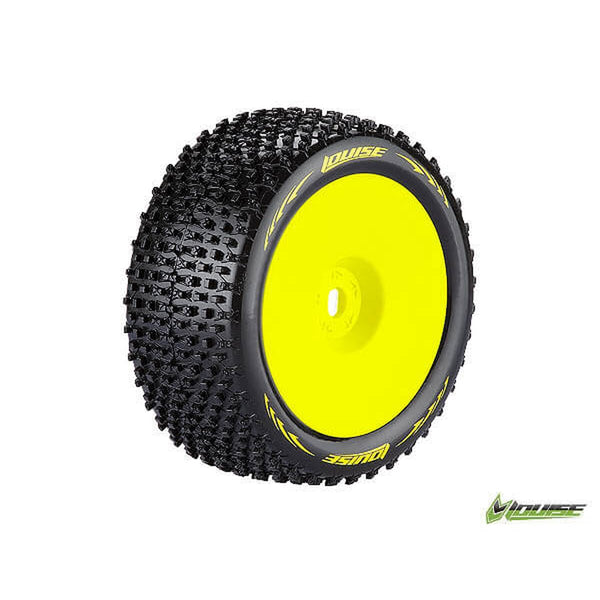 LOUISE L-T3134SYH T PIRATE 1/8 SCALE OFF ROAD TRUGGY TIRES MOUNTED ON 1/2 INCH OFFSET YELLOW RIMS 17MM HEX