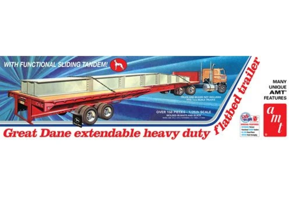 AMT 1111 GREAT DANE EXTENTABLE HEAVY DUTY FLATBED TRAILER WITH FUNCTIONAL SLIDING TANDAM 1/25 SCALE PLASTIC MODEL KIT