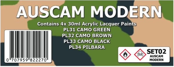 SMS PAINTS SET02a AUSCAM MODERN UPDATED COLOUR SET DISRUPTIVE CAMO AND INTERIORS 4x30ML