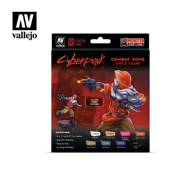 VALLEJO 72.307 GAME COLOUR CYBERPUNK RED COMBAT ZONE 8 COLOUR ACRYLIC PAINT SET WITH NEMO MINIATURE INSIDE