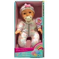 GIGO DREAM COLLECTION 12 INCH BABY MAGGIE SOFT BODY DOLL WITH PACIFIER AND GREY SUIT WITH PINK BOW 