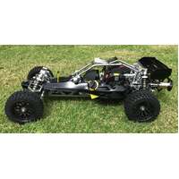 ROVAN BAHA450 BAJA 5B 45CC 1/5 SCALE BUGGY  BODY #26 BLACK WITH SILVER CNC BILLET UPGRADED PARTS - SYMETRICAL STEERING AND TWIN EXHAUST  INCLUDES TRAN