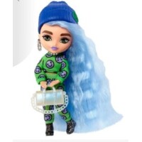 BARBIE EXTRA MINIS DOLL WITH GREEN OUTFIT WITH SMILEY EMOJIS  AND BLUE BEANIE