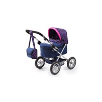 BAYER TRENDY DOLL PRAM- DARK BLUE WITH PINK HEART AND UNICORN