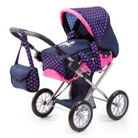 BAYER CITY STAR DOLL PRAM DARK BLUE WITH PINK HEARTS AND UNICORN