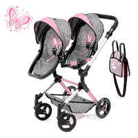 BAYER NEO TWIN PRAM- GRAY AND PINK WITH BUTTERFLY MOTIF