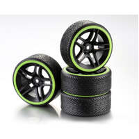 ABSIMA WHEEL SET DRIFT 9 - SPOKE PROFILE B RIM BLACK/RING NEON YELLOW 1:10 4 PK