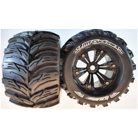 LOUISE L-T3220BH MT CYCLONE 1/8 MONSTER TRUCK TIRES 3.8 INCH WIDE MOUNTED ON BLACK 1/2 INCH OFFSET RIMS 17MM HEX