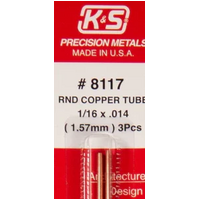 K&S 8117 COPPER ROUND TUBE 1/16 X .014 3 PIECES