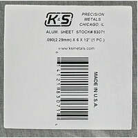 K&S 83071 ALUMINIUM SHEET .09 X 6 X 12 ( 2.29MM ) 1 PIECE