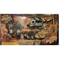 SPECIAL COMBAT TRANSPORTER PLAY SET LARGE WITH HELICOPTER, TANK, FLOAT PLANE AND MOTORBIKE