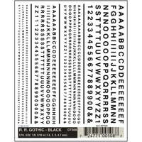 WOODLAND SCENICS DT508 GOTHIC DRY TRANSFER DECALS 1/16 3/32 1/8 3/16 INCH BLACK LETTERS AND NUMBERS