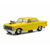 DDA COLLECTABLES DDA004 1965 YELLOW XP FORD FALCON SEDAN DRAG WITH BLOWN ENGINE 50TH ANNIVERSARY 1/18 SCALE SEALED DIECAST COLLECTABLE