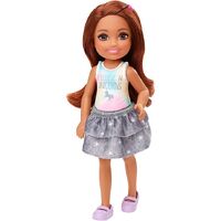 BARBIE CLUB CHELSEA GIRL 6 INCH BRUNETTE WITH UNICORN GRAPHIC AND STAR SKIRT GHV63