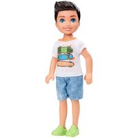 BARBIE CLUB CHELSEA BOY 6 INCH BRUNETTE WITH SKATEBOARD SHIRT AND SHORTS GHV64