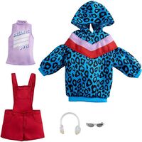 BARBIE FASHIONS 2 PACK CLOTHING SET - ANIMAL PRINT HOODIE DRESS GRAPHIC TOP RED OVERALLS AND ACCESSORIES