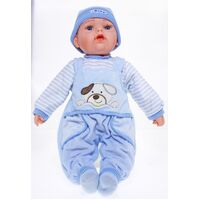 COTTON CANDY BABY DOLL JOSH WITH BLUE WITH DOG PRINT TOP SOFT BODY 50CM