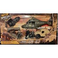 SPECIAL COMBAT TRANSPORTER PLAY SET LARGE WITH HELICOPTER, ARMOURED VEHICLE, JET SKI AND MOTORBIKE