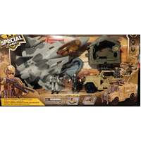 SPECIAL COMBAT TRANSPORTER PLAY SET LARGE WITH MILITARY JET, VEHICLE, INFLATABLE BOAT AND BASE CAMP