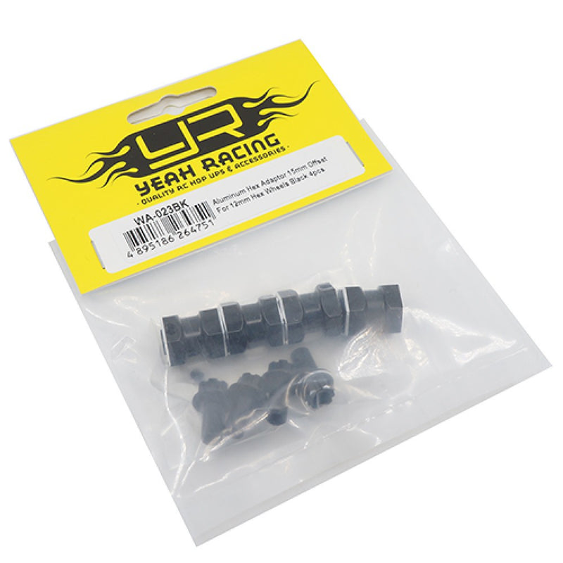 YEAH RACING WA-023BK ALUMINIUM HEX ADAPTER 15MM OFFSET FOR 12MM HEX WHEELS BLACK 4 PIECES