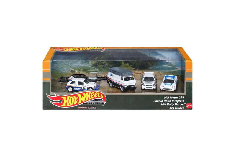 HOT WHEELS PREMIUM COLLECTOR SET REAL RIDERS - MG METRO 6R4 - LANCIA DELTA INTEGRALE - HW RALLY HAULER - FORD RS200 - 4PC
