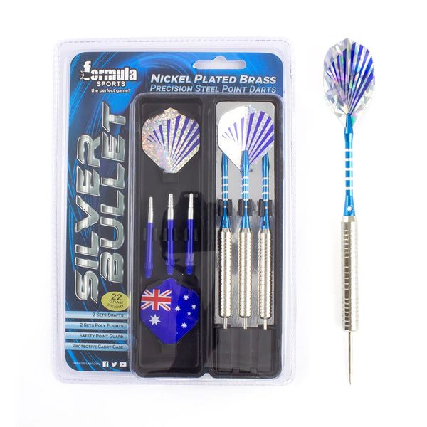 FORMULA SPORTS SILVER BULLET 22 GRAM NICKEL PLATED BRASS PRECISION STEEL POINT DARTS IN CARRY CASE
