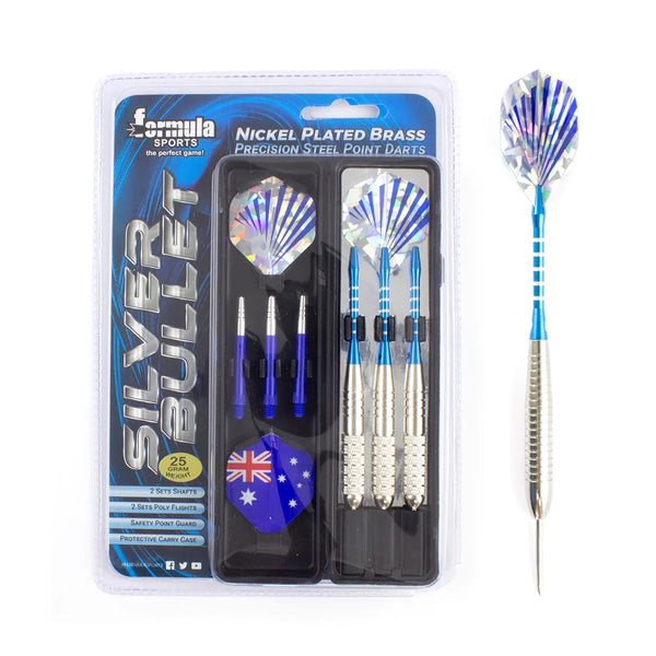 FORMULA SPORTS SILVER BULLET 25 GRAM NICKEL PLATED BRASS PRECISION STEEL POINT DARTS IN CARRY CASE