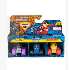 MONSTER JAM MINI MARVEL DIECAST MONSTER TRUCKS 3 PACK WITH BLACK PANTHER CAPTAIN AMERICA AND IRONMAN