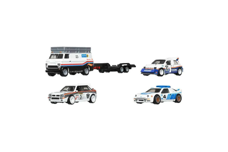 HOT WHEELS PREMIUM COLLECTOR SET REAL RIDERS - MG METRO 6R4 - LANCIA DELTA INTEGRALE - HW RALLY HAULER - FORD RS200 - 4PC