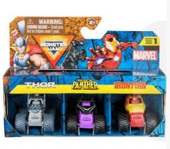 MONSTER JAM MINI MARVEL DIECAST MONSTER TRUCKS 3 PACK WITH THOR BLACK PANTHER AND IRONMAN