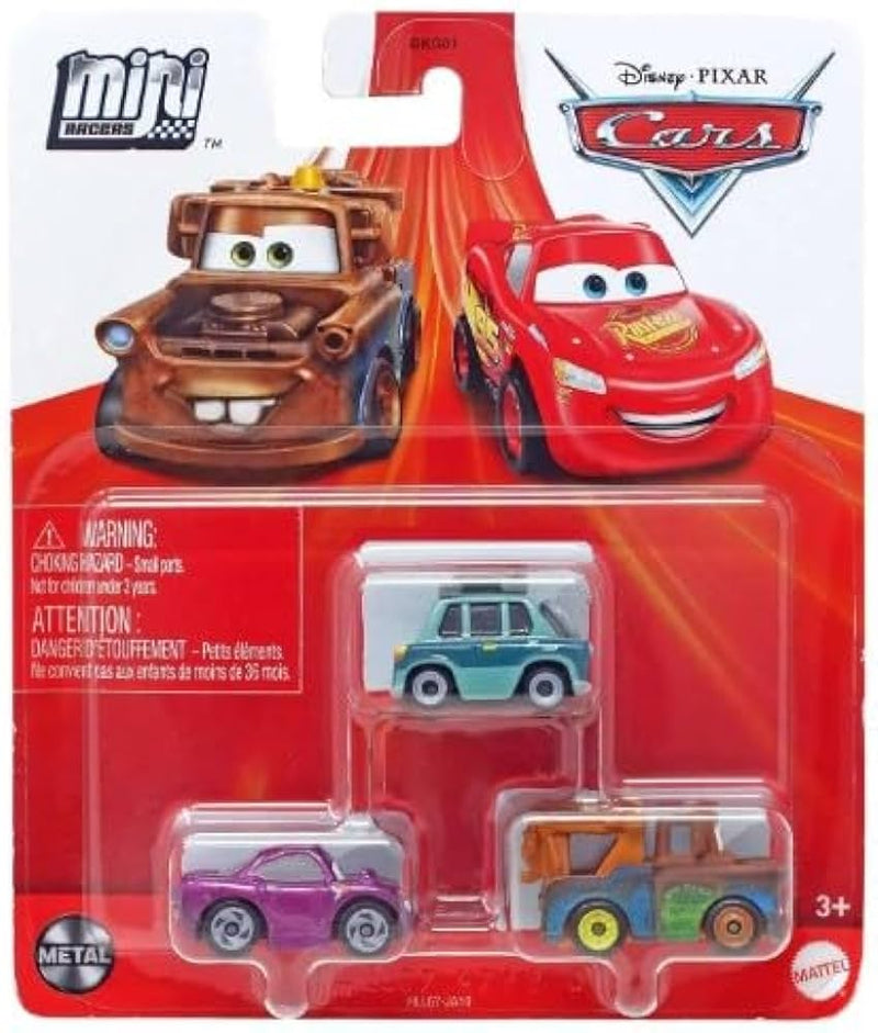 DISNEY PIXAR CARS MINI RACERS 3 PACK INCLUDES PROFESSOR Z - MATER - HOLLEY SHIFTWELL DIECAST METAL CARS