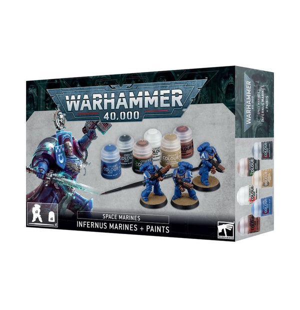 WARHAMMER 40,000 - 60-11 INFERNUS MARINES AND PAINT SET INCUDES 3 SPACE MARINES 6 CITADEL PAINTS AND 1 BRUSH