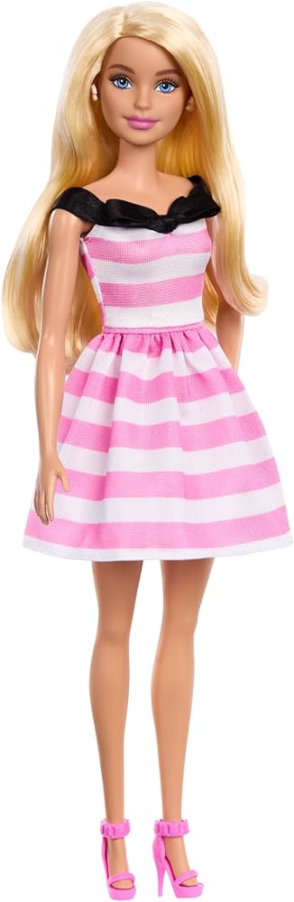 BARBIE 65TH ANNIVERSARY FASHION DOLL BLONDE HAIR WITH PINK AND WHITE STRIPE DRESS