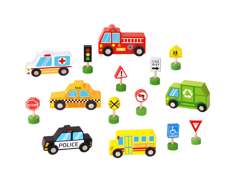 TOOKY TOY TRANSPORTATION VEHICLES AND STREET SIGN SET 16PC