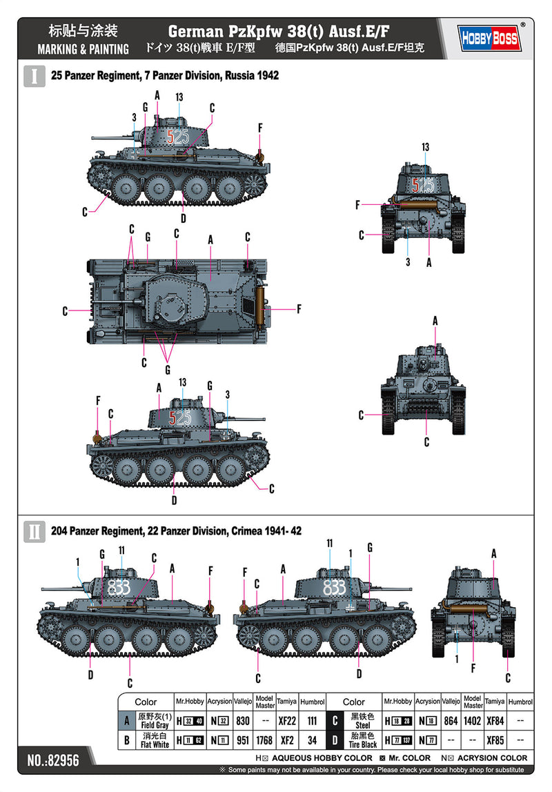 HOBBY BOSS 82956 GERMAN  PZ.KPFW.38(T) AUSF.E/F 1/72 SCALE PLASTIC MODEL KIT TANK