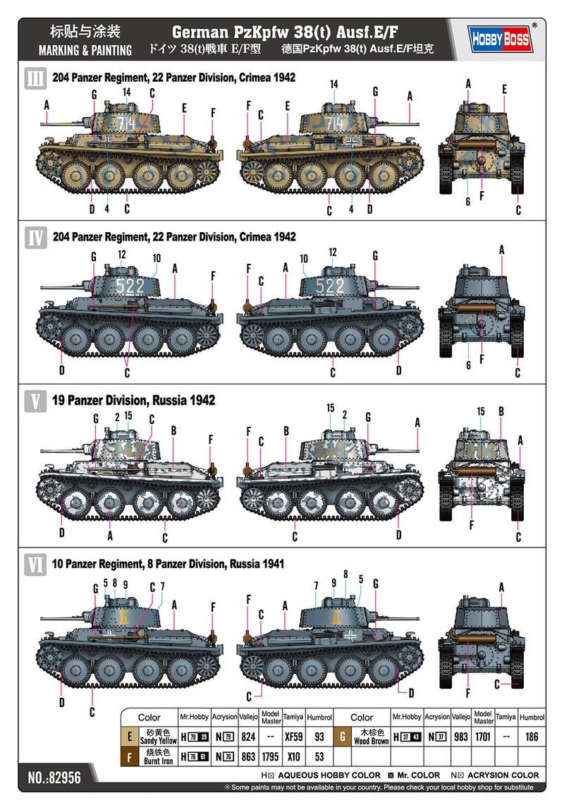 HOBBY BOSS 82956 GERMAN  PZ.KPFW.38(T) AUSF.E/F 1/72 SCALE PLASTIC MODEL KIT TANK