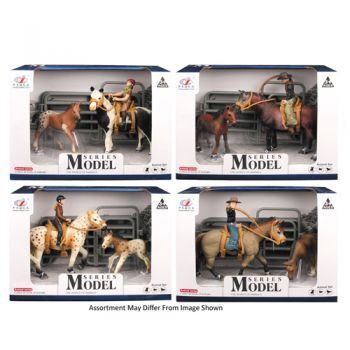 MODEL SERIES 154539 FARM ANIMALS HORSE AND FOAL WITH COWBOY FIGURE SET PAINTED AND SPOTTED BLANKET APPALOOSA