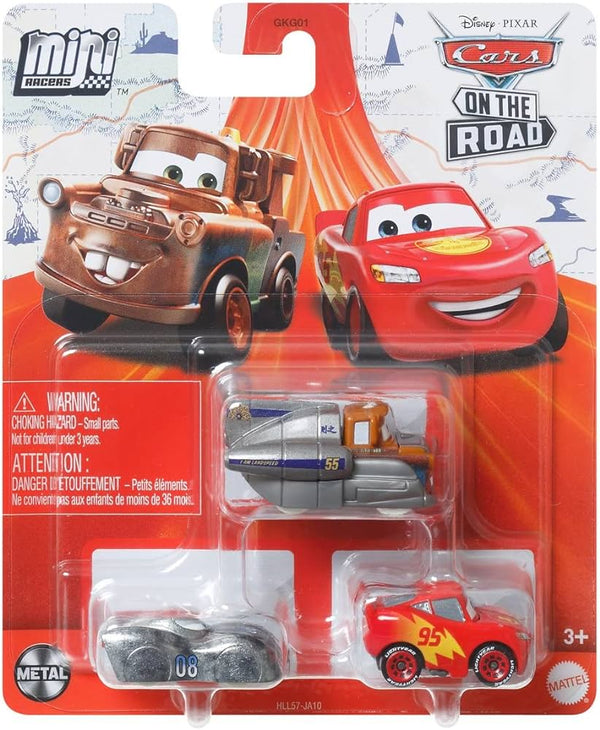 DISNEY PIXAR CARS ON THE ROAD MINI RACERS 3 PACK INCLUDES SUPER SPEED MATER - ROAD TRIP MCQUEEN - DATZ JAMMIN DIECAST METAL CARS