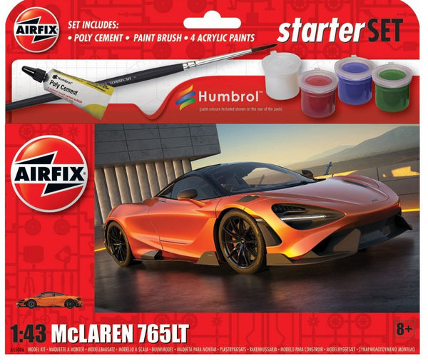 AIRFIX 55006 MCLAREN 765LT SUPER CAR STARTER SET INCLUDES GLUE AND PAINT 1/43 SCALE PLASTIC MODEL KIT
