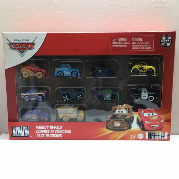 DISNEY PIXAR CARS MINI RACERS 10 PACK - GEORGE NEW WIN - MUDDY LIGHNING MCQUEEN - FABULOUS HUDSON HORNET - MUDDY MISS FRITTER - JACKSON STORM - H.J. HOLLIS - DINOCO CHICK HICKS - CIGALERT - FISHTAIL - SHERIFF DIECAST METAL CARS