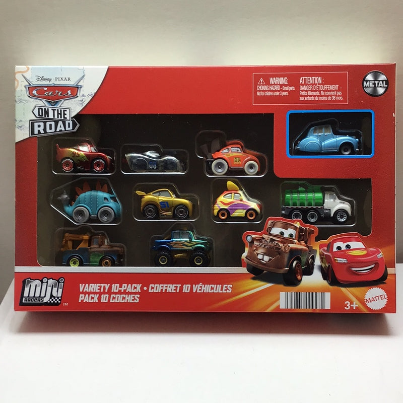 DISNEY PIXAR CARS ON THE ROAD MINI RACERS 10 PACK - MATO - ROYCE REVSLEY - ROADETTE MARKER - DATZ JAMMIN - RUSTEZE DINOCO CRUZ RAMIREZ - ROAD TRIP LIGHNING MCQUEEN - MATER - ERIN KINDAFAST - IVY - CLANKYLOSAURUS DIECAST METAL CARS