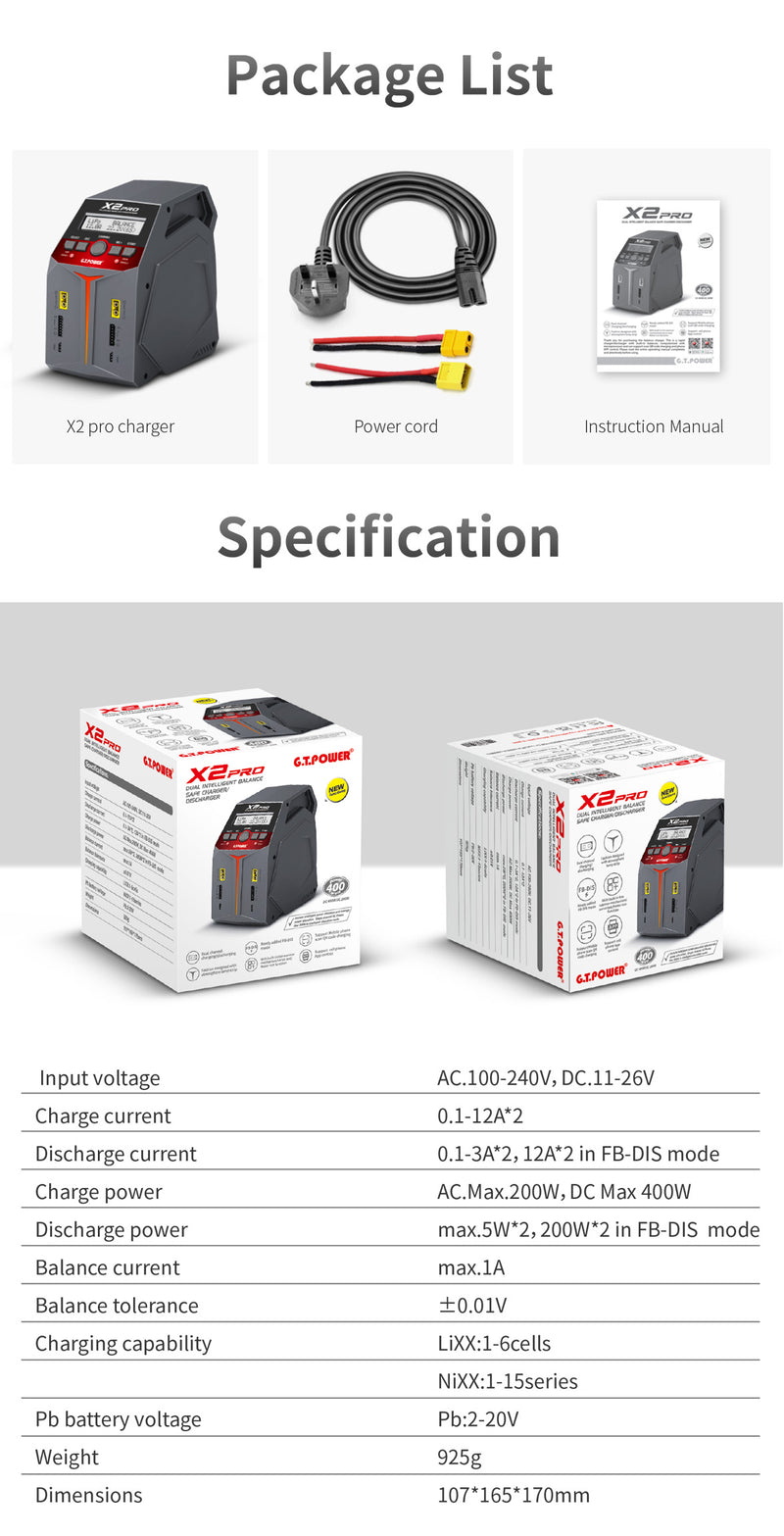 GT POWER X2 PRO DUAL CHANNEL INTELLIGENT BALANCE SAFE CHARGER/DISCHARGER