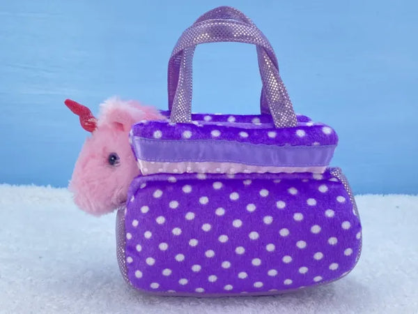 FANCY PALS UNICORN IN PURPLE POLKA DOT BAG